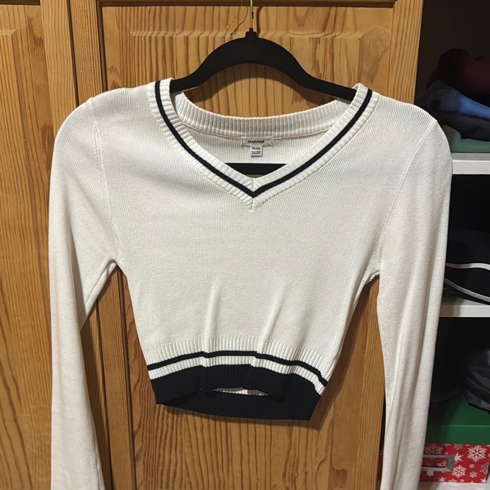 White and Navy blue V-Neck Sweater